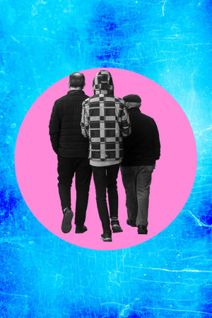 Vertical collage image of three people of different ages from the back, large drawn bubble, isolated on a creative background.の写真素材