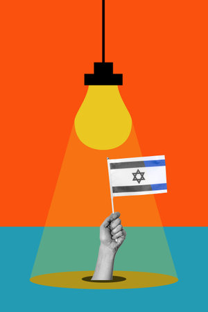 Art collage, light bulb shining on Israeli flag in hand. The concept of the enlightened country of Israel.の写真素材