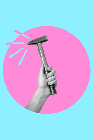 Digital collage with a male hand holding a hammer. The concept of working as a carpenter.の写真素材