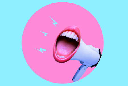 emale mouth screaming with a megaphone in the background. Modern design, modern creative art collage. inspiration, idea. Space for text or advertising.の写真素材