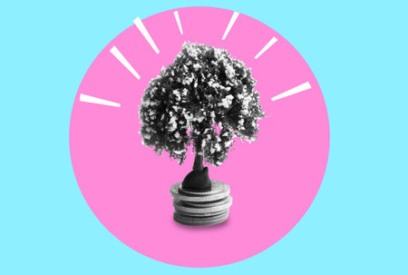 Art collage, tree stands on money in neon colors. The concept of business or investment in the economy.の写真素材