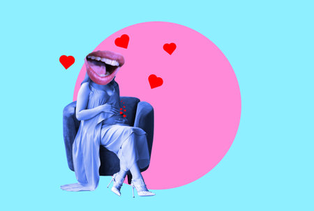 Art collage, modern art, woman with big lips, woman sitting pregnant on a chair. The concept of love of a pregnant woman.の写真素材