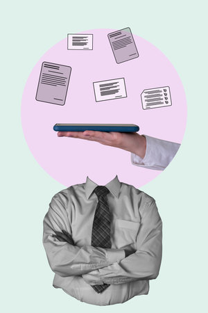 Art collage, electronic signature badge, the hand with the phone on light background with documents to sign. e-signature concept.の写真素材