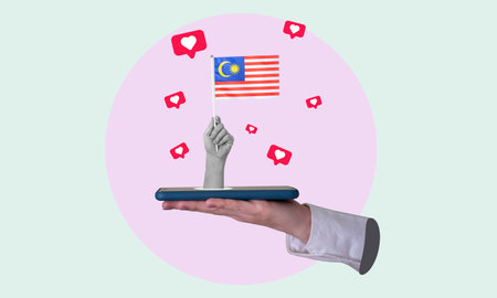 Art collage, a woman's hand comes out of a phone with a flag of Malaysia, on a light background. Conceptual work of Malaysia through a phone.の写真素材