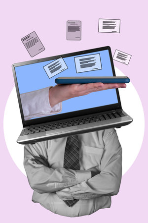 Art collage, laptop hand with phone, electronic signature icon on light background, paperless office work. The concept of working anywhere in the world.の写真素材