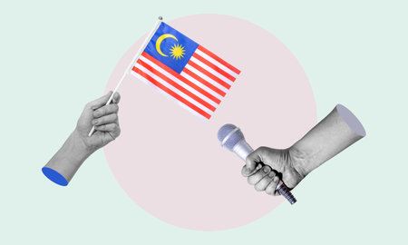 Art collage, collage of a hand holding a Malaysian flag, microphone in the other hand. Concept of an interview with Malaysia on a light background.の写真素材