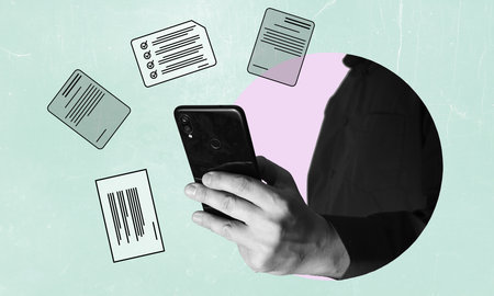 Art collage, phone in the hands of a businessman, electronic signature badge. The concept of working without a paper office.の写真素材