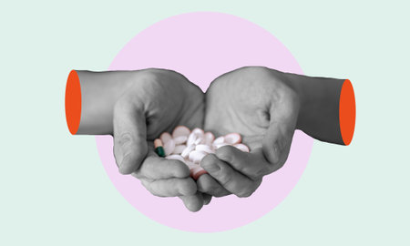 Art collage, hands with a handful of pills to treat illness. The concept of medical care.の写真素材