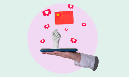 Art collage, a woman's hand comes out of a phone with a Chinese flag, on a light background. Conceptual work of China through the phone.の写真素材