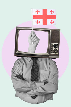 Art collage, Georgian flag from TV, standing man in the shirt on a light background. The concept of a news broadcast from Grisia.の写真素材