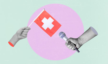 Art collage, collage of a hand holding the flag of Switzerland, microphone in the other hand. Concept of the interview with Switzerland on a light background.の写真素材