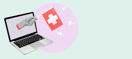 Art collage, the hand with the Swiss flag from a laptop on a light background. Concept of news from a laptop in Switzerland.の写真素材