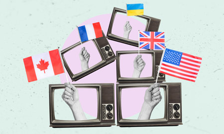 Collage art, lots of retro TVs with the flags of the world sticking out of them. Yellow press from retro televisions, daily news.の写真素材