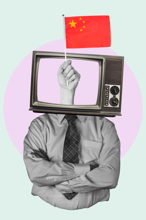 Art collage, Chinese flag from TV, standing man in the heart on a light background. The concept of a news broadcast from China.の写真素材