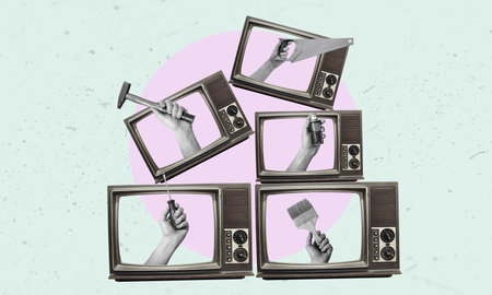 Collage art, lots of retro TVs with a hand and a brush sticking out. Retro TV ads on fashion or apartment renovations or construction.の写真素材