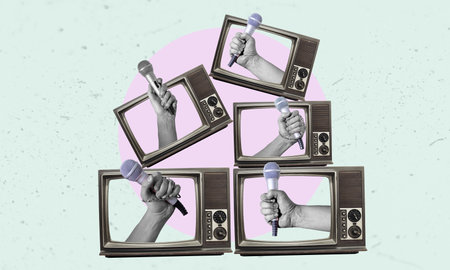 Collage art, lots of retro TVs with a hand with a microphone sticking out of them. Yellow press from retro TVs, daily news.の写真素材