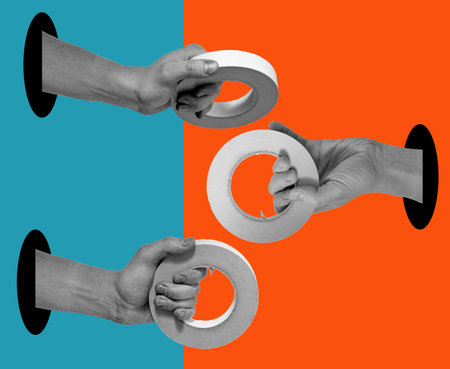 Art collage of hands with scotch tape on a surreal background. Concept of technical support, warranty service, repair.の写真素材