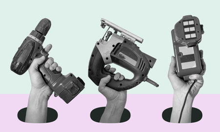 Art collage of hands with electric tools on a surreal background. Concept of technical support, warranty service, and repair.の写真素材