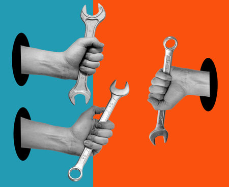 Art collage of hands with tools on a surreal background. Concept of technical support, warranty service, and repair.の写真素材