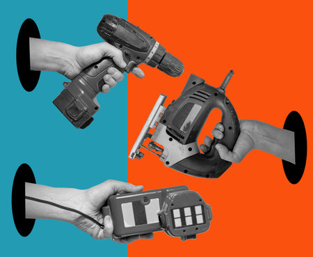 Art collage of hands with electric tools on a surreal background. Concept of technical support,...