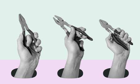 Art collage of hands with tools on a surreal background. Concept of technical support, warranty service, and repair.の写真素材