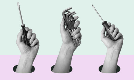 Art collage of hands with tools on a surreal background. Concept of technical support, warranty service, and repair.の写真素材