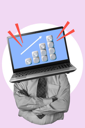 Modern design, collage of modern art. Inspiration, an idea, in the investment market, is a businessman with a laptop instead of his head on a light background. The concept of working in the investment market.の写真素材
