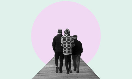 Art collage, people walking on a bridge into the unknown. modern collage. concept of people's lives.の写真素材