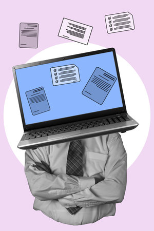 Art collage, laptop hand with phone, electronic signature icon on light background, paperless office work. The concept of working anywhere in the world.の写真素材