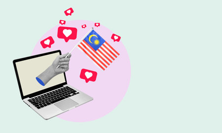 Art collage, hand with the flag of Malaysia from a laptop with hearts and barks on a light background. Concept of news or broadcast from a laptop in Malaysia.の写真素材