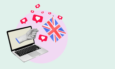 The art collage is a hand with the UK flag from a laptop with hearts and barks on a light background. Concept of news or broadcast from a laptop in the UK.の写真素材