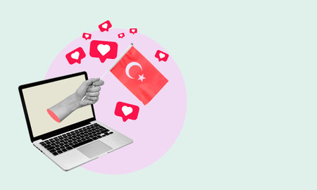 Art collage, the hand with the Turkish flag from a laptop with hearts and barks on a light background. Concept of news or broadcast from a laptop in Turkey.の写真素材