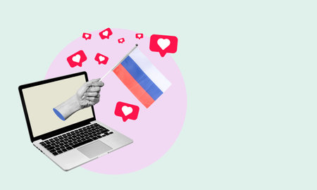 Art collage, the hand with the flag of Russia from a laptop with hearts and barks on a light background. Concept of news or broadcast from a laptop in Russia.の写真素材