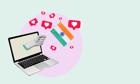 Art collage, the hand with the flag of India from a laptop with hearts and barks on a light background. Concept of news or broadcast from a laptop in India.の写真素材