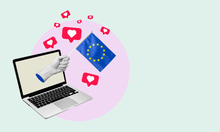 The art collage is the hand with the EU flag from a laptop with hearts and barks on a light background. Concept of news or broadcast from a laptop to the EU.の写真素材