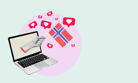 Art collage, the hand with the Norwegian flag from a laptop with hearts and barks on a light background. Concept of news or broadcast from a laptop in Norway.の写真素材
