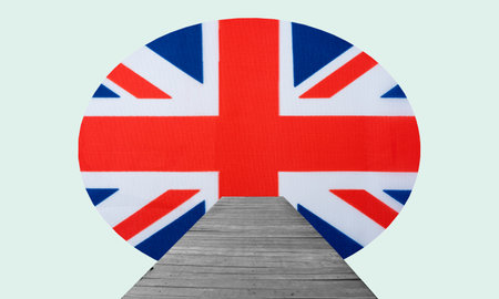 Contemporary art collage, art collage. A wooden bridge leads to Welek Britain. Concept of business, partnership, communication, world politics.の写真素材