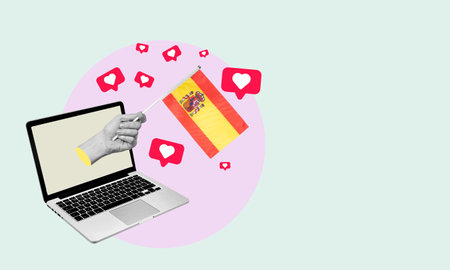 Art collage, the hand with the Spanish flag from a laptop with hearts and barks on a light background. Concept of news or broadcast from a laptop in Spain.の写真素材