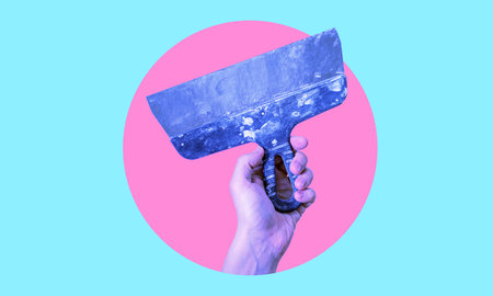 art collage. A hand with a handyman in neon. Concept of technical support, warranty service, and repair.の写真素材