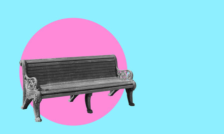 Art collage, old wooden bench in neon, circles, space for text or advertising. Advertising concept in neon color, modern art collage.の写真素材