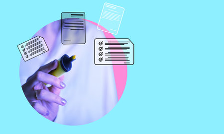 Art collage, electronic signature badge, the hand with the phone on light background with documents to sign. e-signature concept.の写真素材