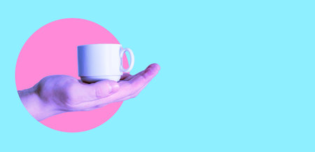 Art collage, Hand with a cup of coffee in neon colors with room to advertise. Coffee advertising concept.の写真素材