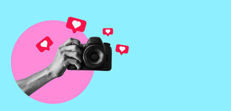 Art collage, Contemporary art collage with a man's hand holding a camera, taking a picture against a light-coloured background. Social media concept, influence, popularity, modern lifestyle and advertisingの写真素材