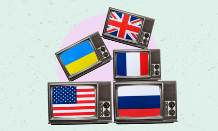 Art collage, lots of retro TVs with flags of countries around the world. Yellow press from retro TVs, daily news.の写真素材