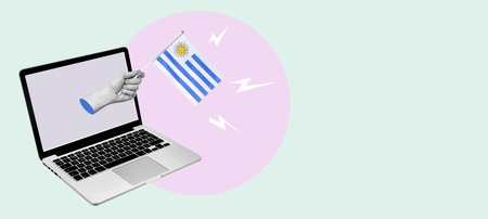 The art collage is the hand with the Uruguayan flag from a laptop on a light background. News concept from a laptop in Uruguayの写真素材