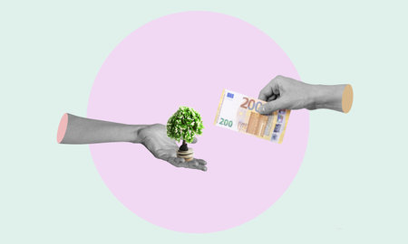 Art collage, hands with money, hands reaching for money. Concept of business and finance.の写真素材