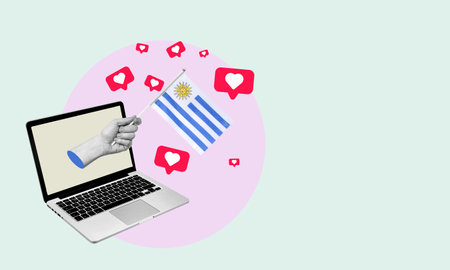 Art collage, hand with the flag of Uruguay from a laptop with hearts and bars on a light background. The concept of a news broadcast or laptop in Uruguayの写真素材