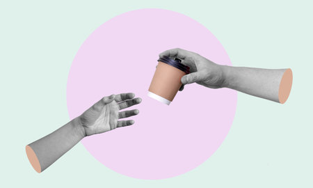 Contemporary art collage with human hands holding a paper cup of coffee. Concept of relaxation. A break from work for relaxation. Space for copying.の写真素材