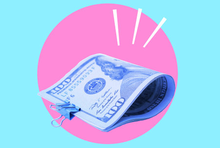 Art collage, a stack of dollars in a neon circle. The concept of business and finance.の写真素材
