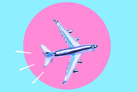 Art collage, an airplane in neon colors and in a neon circle. The concept of flight and travel.の写真素材